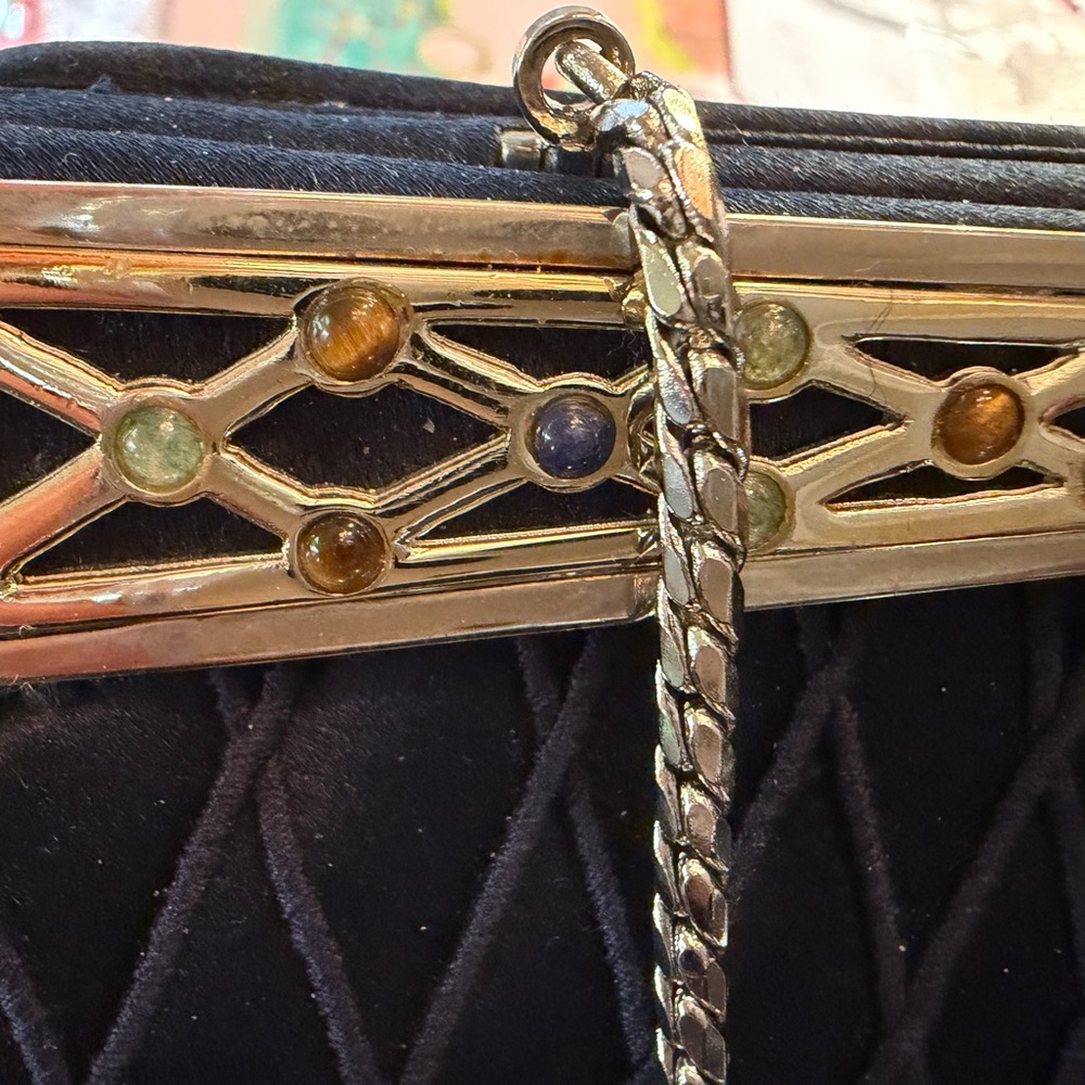 Judith Leiber navy blue Quilted Clutch with Gold Chain - Picture 4 of 6